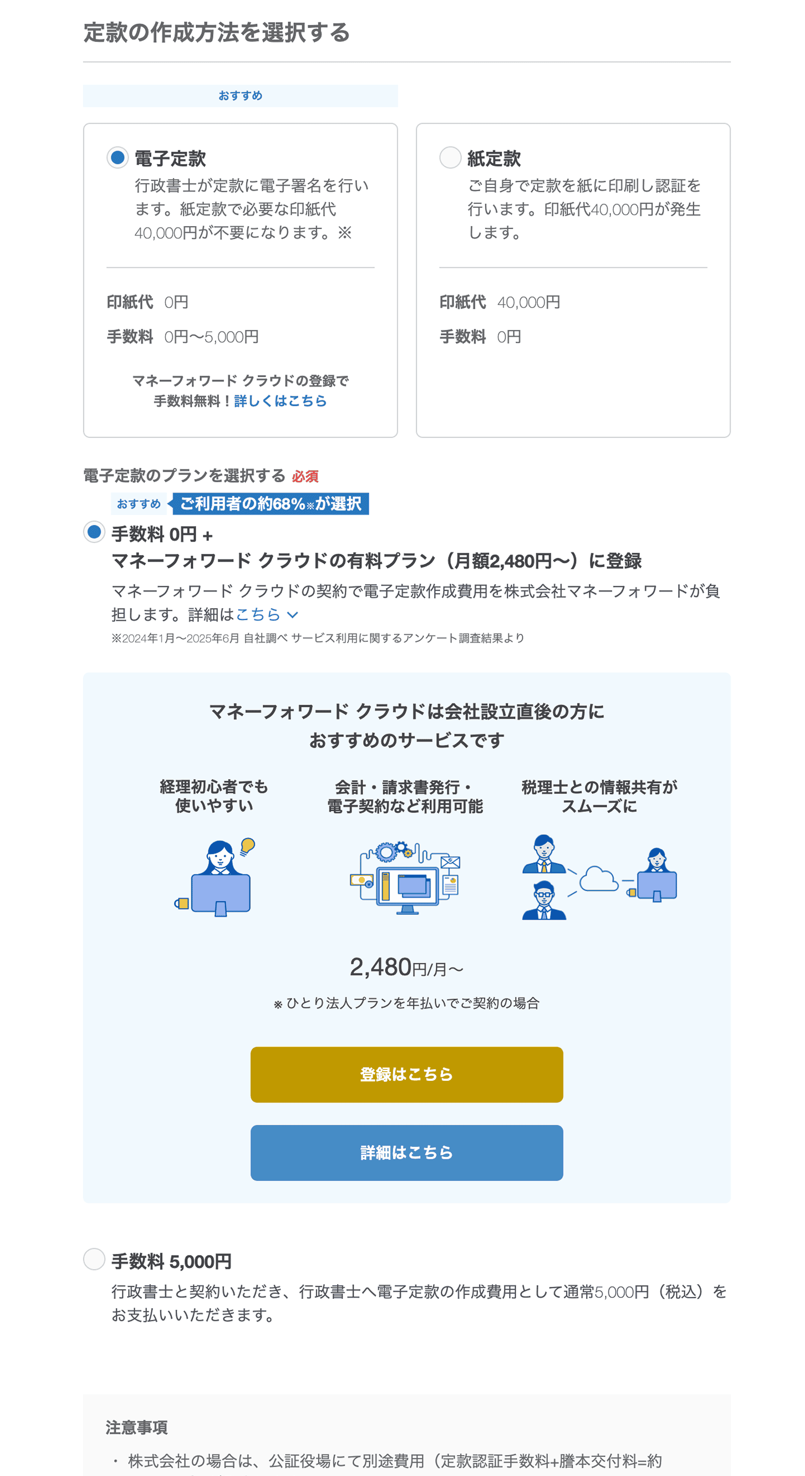 スクリーンショット: 定款作成方法選択画面 - 電子定款と紙定款、料金プランによる手数料の選択肢