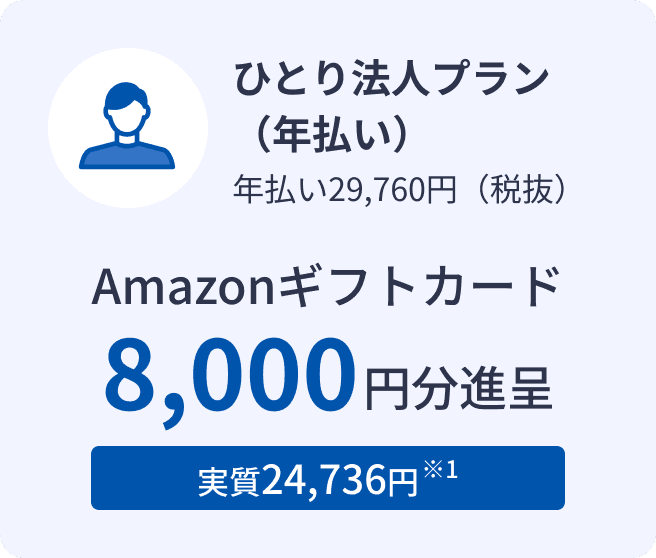 ひとり法人プラン 年払い29,760円（税抜） Amazonギフトカード 8,000円分進呈 実質24,736円 ※1